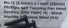 Load image into Gallery viewer, Phillips (Cross) Self Tapping Pan Head Screw - Black Marine Stainless Steel 5.5mm x25mm long