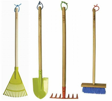 Load image into Gallery viewer, Children's 4-Piece Tall Garden Tool Set | FSC Wood | Soil Rake, Leaf Rake, Spade & Brush