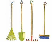 Load image into Gallery viewer, Children's 4-Piece Tall Garden Tool Set | FSC Wood | Soil Rake, Leaf Rake, Spade & Brush