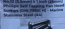 Load image into Gallery viewer, Phillips (Cross) Self Tapping Pan Head Screws - Marine Stainless Steel 5.5mm x 25mm long.