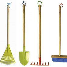 Load image into Gallery viewer, A set of children's tall gardening tools including a soil rake, leaf rake, spade, and brush, displayed on a white background.