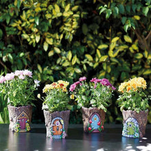 Load image into Gallery viewer, 4x Pixie Pots - Plant pots - Plant pots with doors, Elves, Pixies, Fairy 15cm Diamter 18cm tall FOUR PACK

