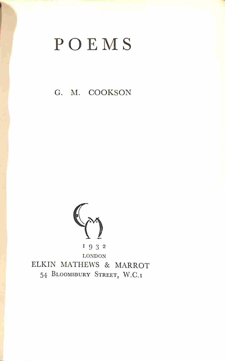 Poems - Hardcover 1932 by Geoffrey Montagu Cookson