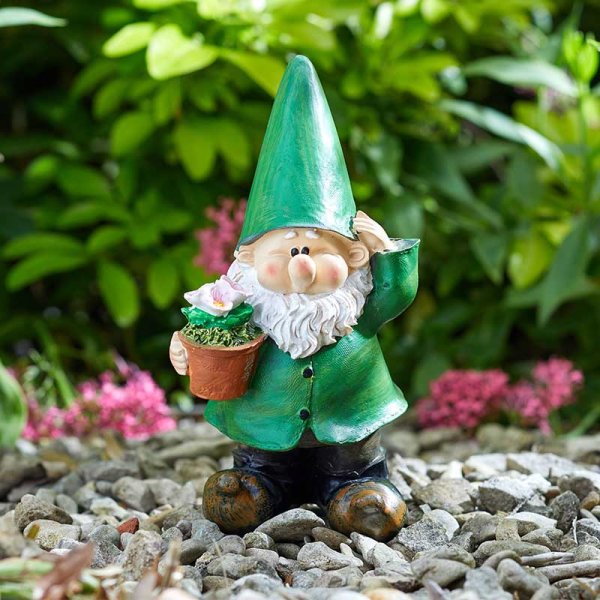 Potting Wilf - Garden Gnome with flower in pot  - Elvedon Elf, Fairy, Pixie, Gnome Figurines