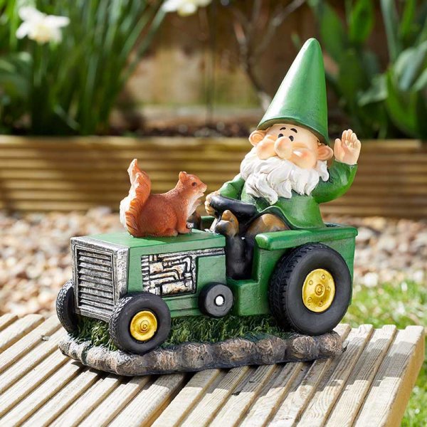 Farmer Wilf - Garden Gnome on a tractor with Red Squirrel - Elvedon Elf, Fairy, Pixie, Gnome Figurines