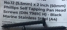 Load image into Gallery viewer, Phillips (Cross) Self Tapping Pan Head Screws - Black Stainless Steel 5.5mm x 50mm long
