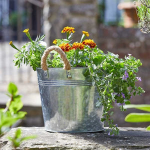 9in Rustic Rope Handled Bucket Planter - Galvanised