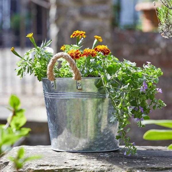 9in Rustic Rope Handled Bucket Planter - Galvanised