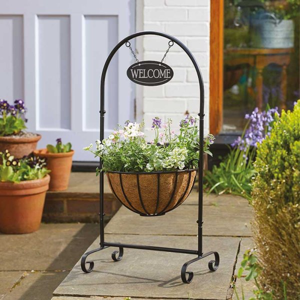 12" inch 30cm Classic Welcome Planter Freestanding  - Smart Garden - Metal Flower Basket With Coir Liner