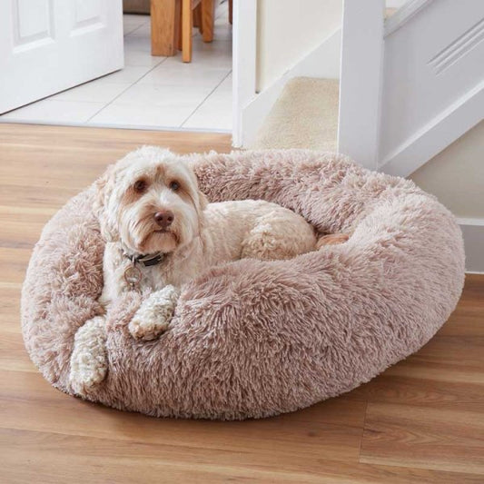 Calming Shaggy Faux Fur Pet Bed – Cat & Dog, 50cm or 60cm, Stone