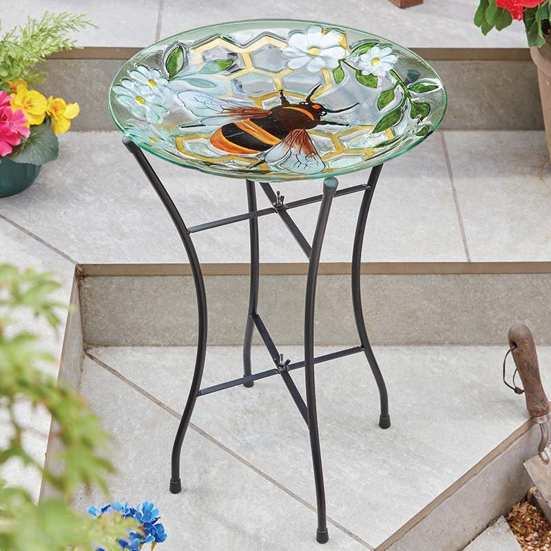 Bee Bird Bath- Pedestal Bird bath - Freestanding Birdbath - Bee pattern glass.
