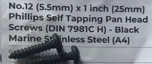 Load image into Gallery viewer, Pack of 3 - Phillips (Cross) Self Tapping Pan Head Screws - Black Marine Stainless Steel 5.5mm x25mm long
