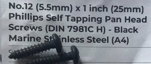Pack of 3 - Phillips (Cross) Self Tapping Pan Head Screws - Black Marine Stainless Steel 5.5mm x25mm long