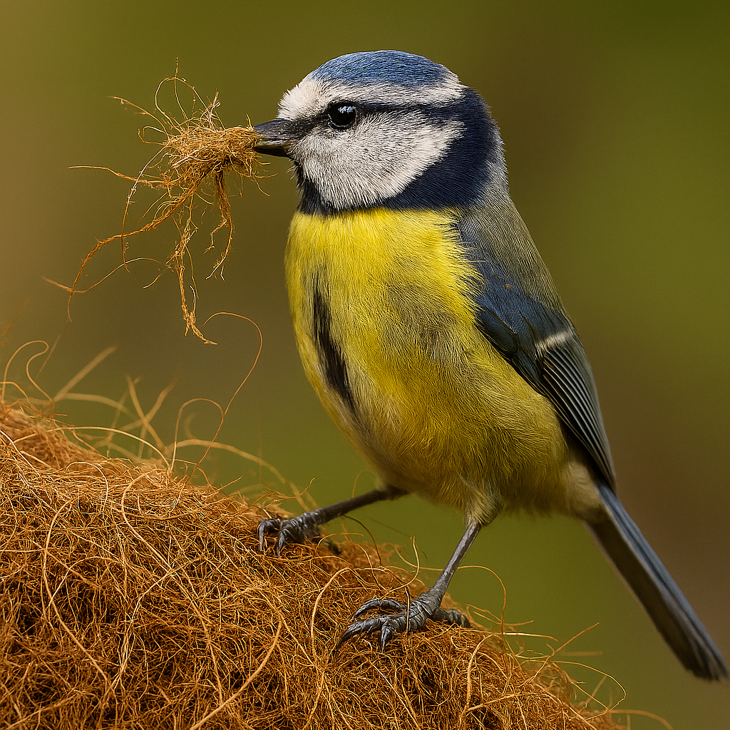 Bird with nesting material on a woven nest