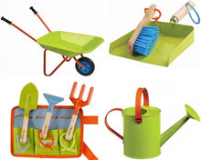 Load image into Gallery viewer, Children&#39;s Gardening Kit - Includes - Wheelbarrow, Watering Can, Tool Belt and Dust Pan with Brush - Kids gardening package
