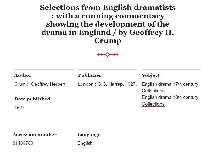 Selections from the English Dramatists. With a running commentary showing the development of the drama in England [Unknown Binding] Geoffrey Herbert Crump
