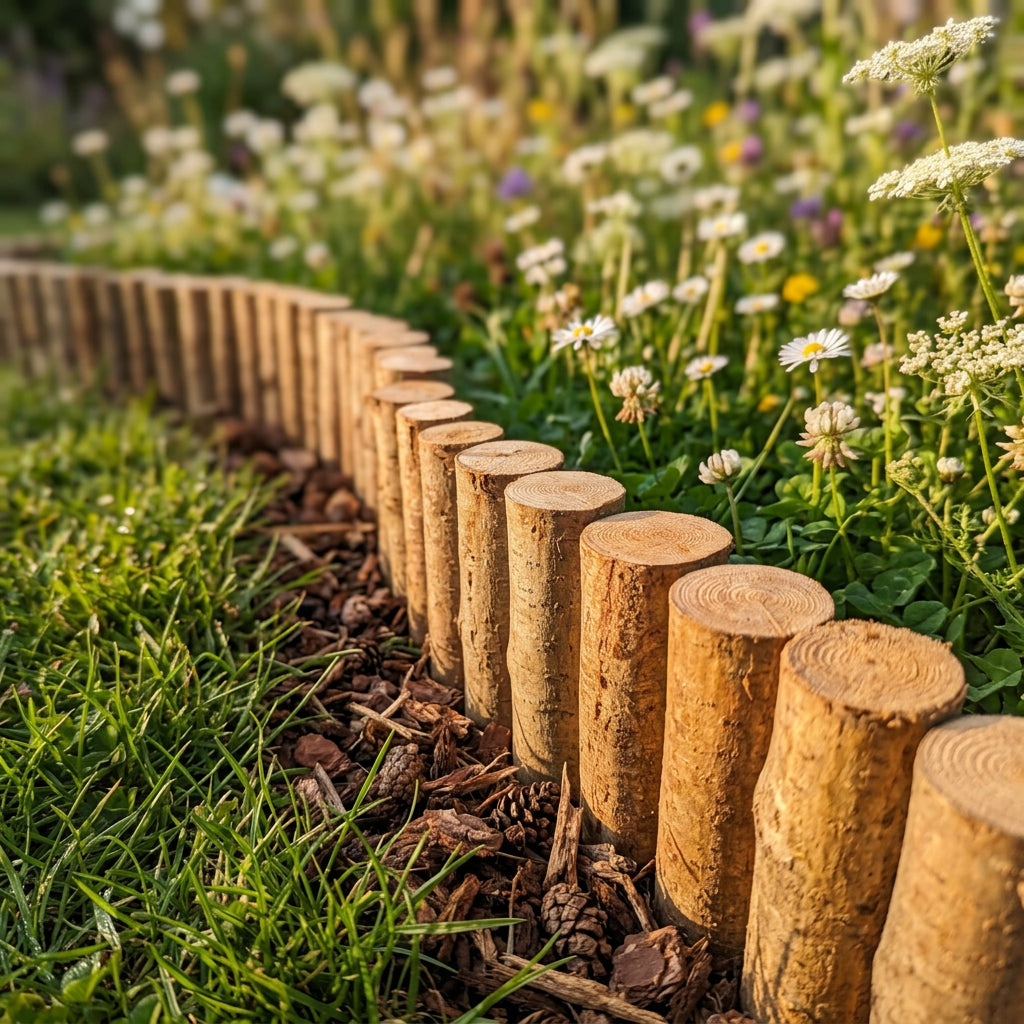 Natural round wooden fence posts with rough bark and visible wood grain, arranged outdoors on green grass beside a walkway.