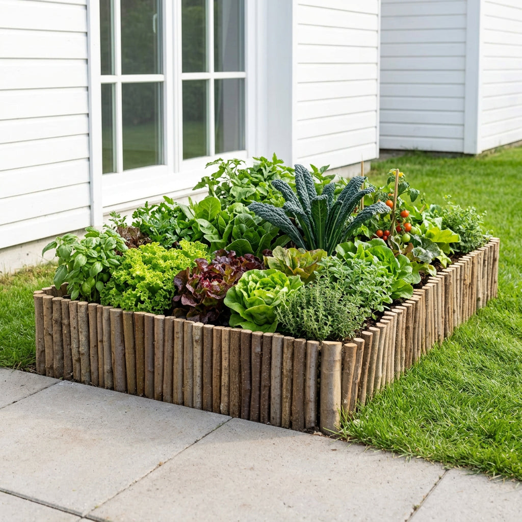 A round garden bed bordered by vertical natural wood stakes, filled with bright flowers including red, yellow, and pink blooms, set outdoors in front of a white house wall.