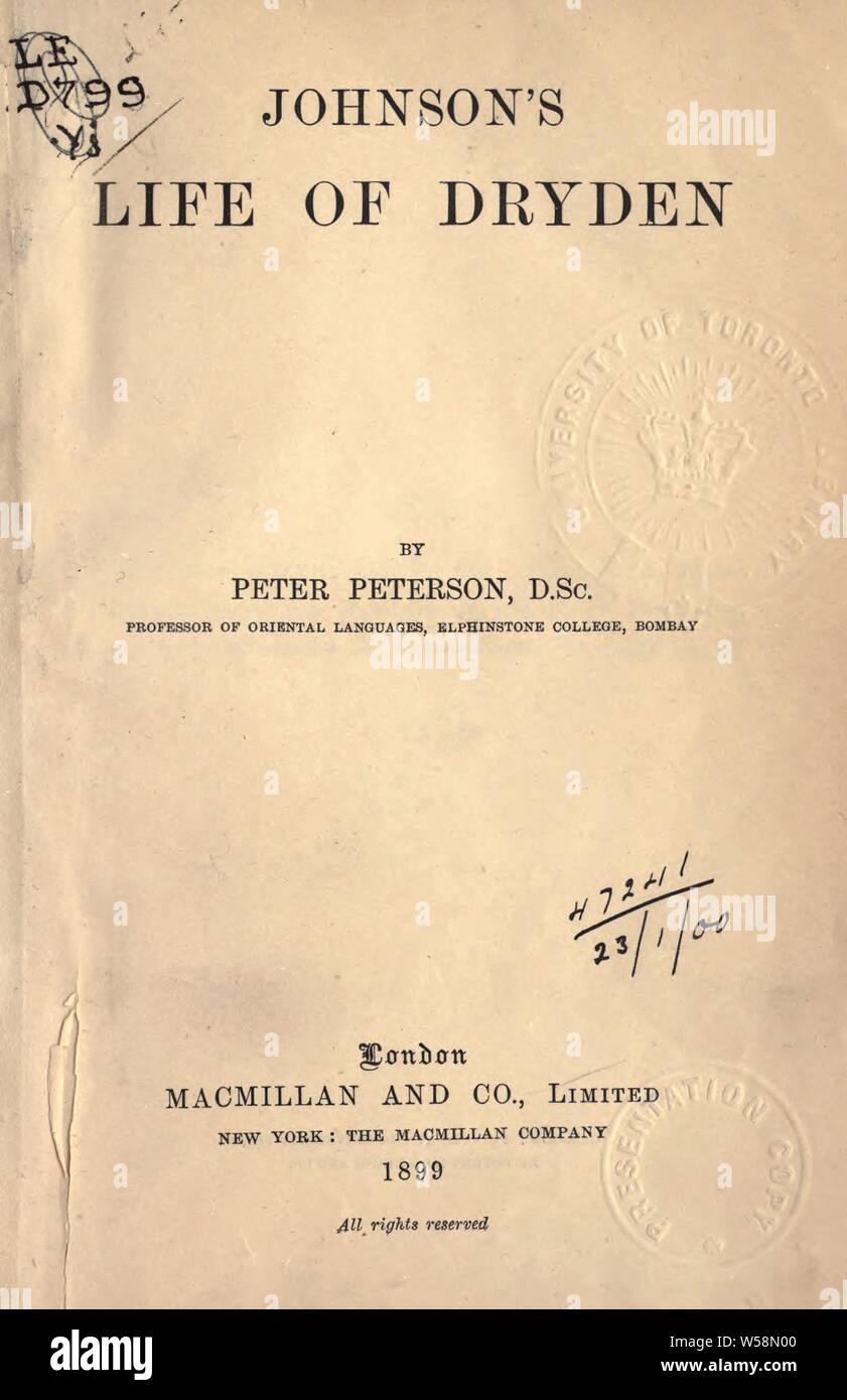 Johnson's life of Dryden,: By Peter Peterson [Unknown Binding] Johnson, Samuel