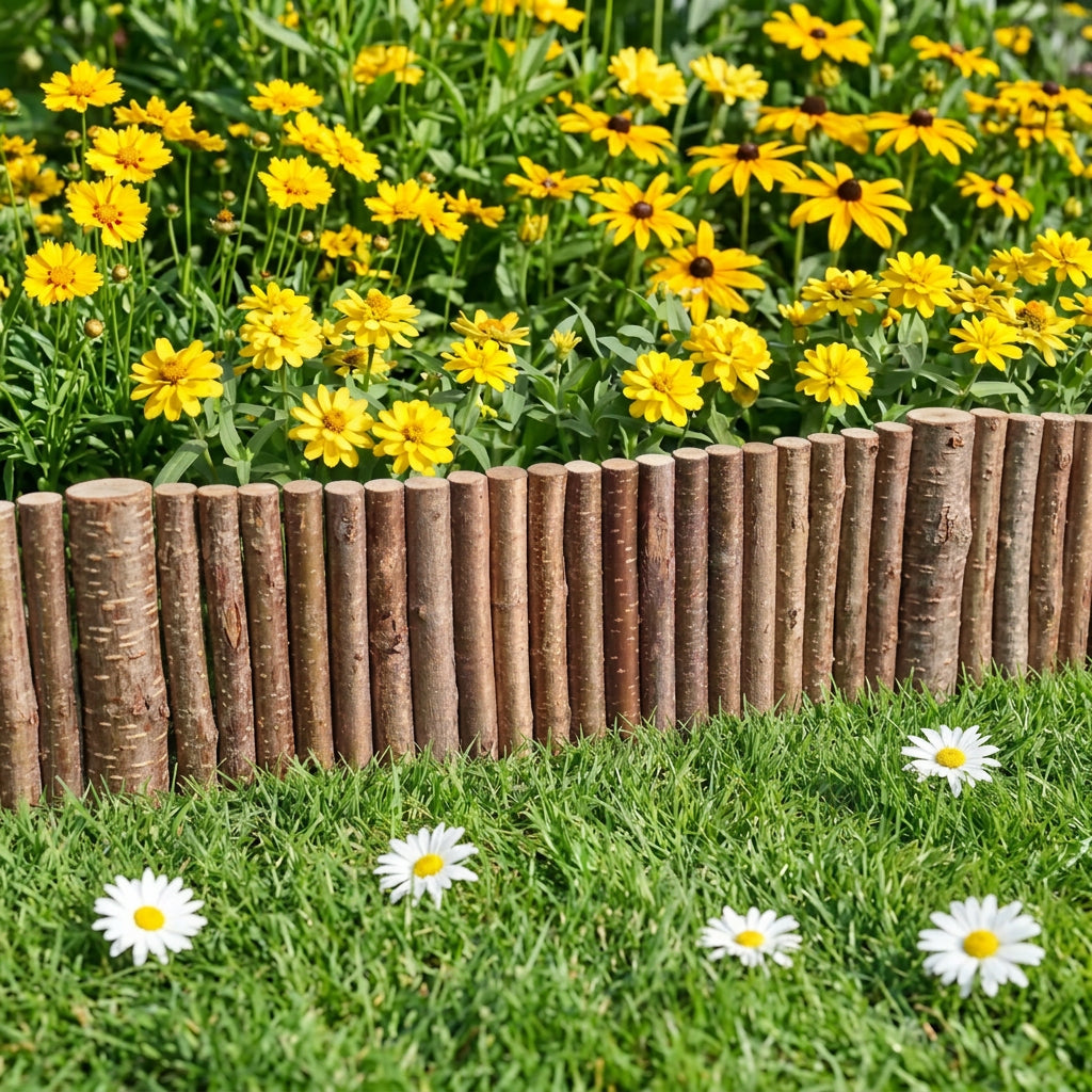 A natural wood log border fence installed in a garden bed, separating a concrete patio from mulch and green foliage with bright pink and yellow flowers.