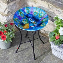 Load image into Gallery viewer, Peacock Glass Birdbath - Pedestal Bird bath - Freestanding Birdbath - Peacock pattern glass.
