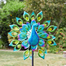 Load image into Gallery viewer, Peacock Solar Windspinner - Rotating Vanes - Solar Powered 130cm Tall - Colour Changing
