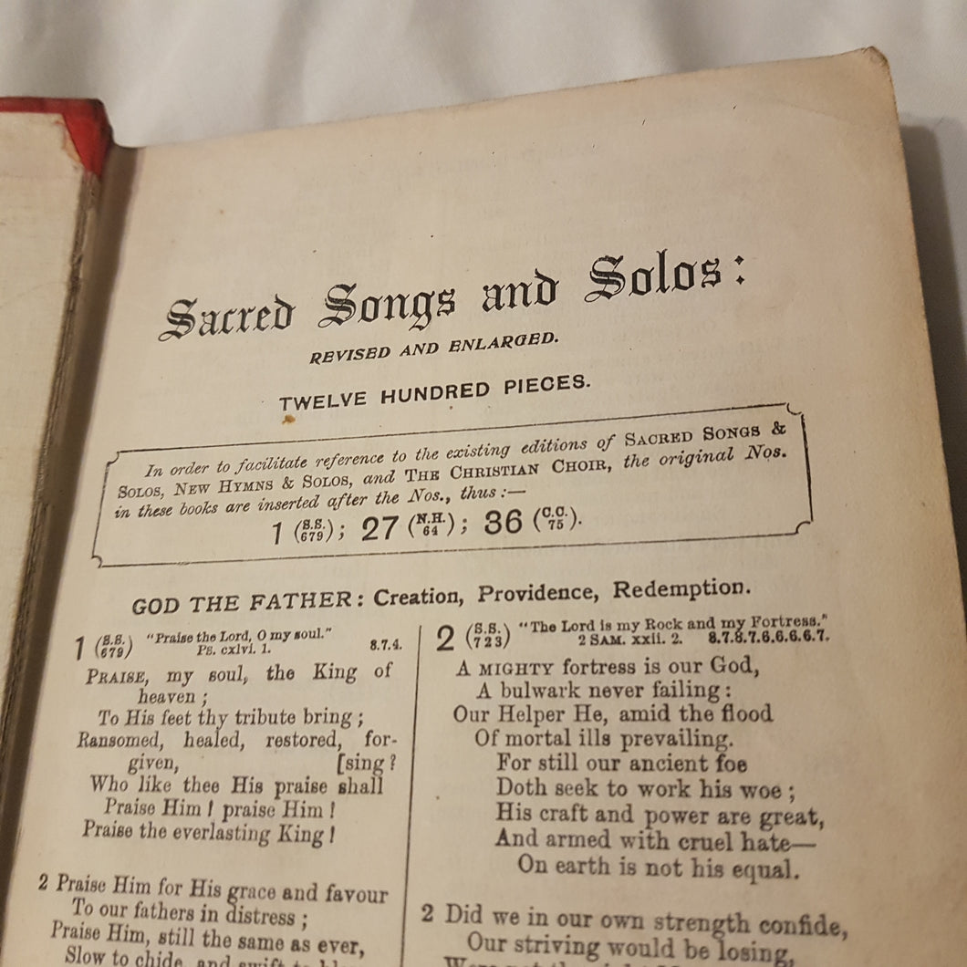 Sacred songs and solos revised and enlarged 1200 pieces. Hardcover.