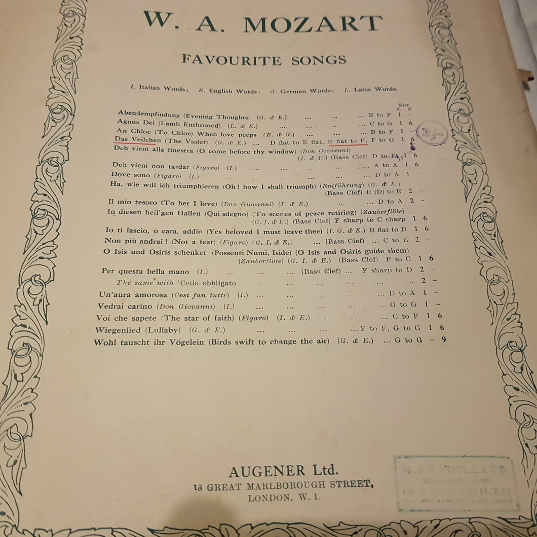 W A Mozart. Favorite songs music sheet.