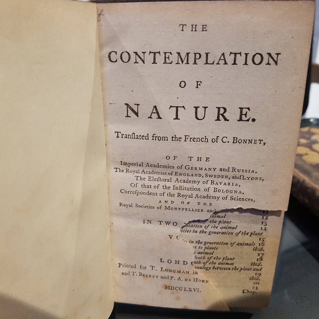 The Contemplation of Nature. Translated from the French of C. Bonnet ORIGINAL 1766 2 vols 1ST EDITION