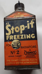 Chemico Can "Stop-it" Freezing - Quart Size - For Radiators No 2 Approx 1 Quart (Empty) 1920-1930