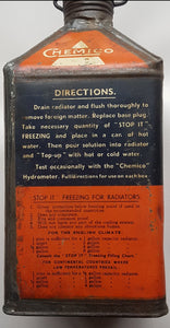 Chemico Can "Stop-it" Freezing - Quart Size - For Radiators No 2 Approx 1 Quart (Empty) 1920-1930
