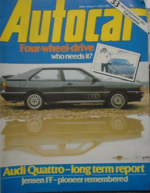 AUTOCAR 11 JUNE 1983. AUDI QUATTRO, JENSEN FF, LANCIA, ALFA 33.