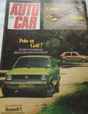 AUTOCAR 9 AUGUST 1975, VOLKSWAGEN GOLF OR POLO. FORD CAPRI VS 12 RIVALS