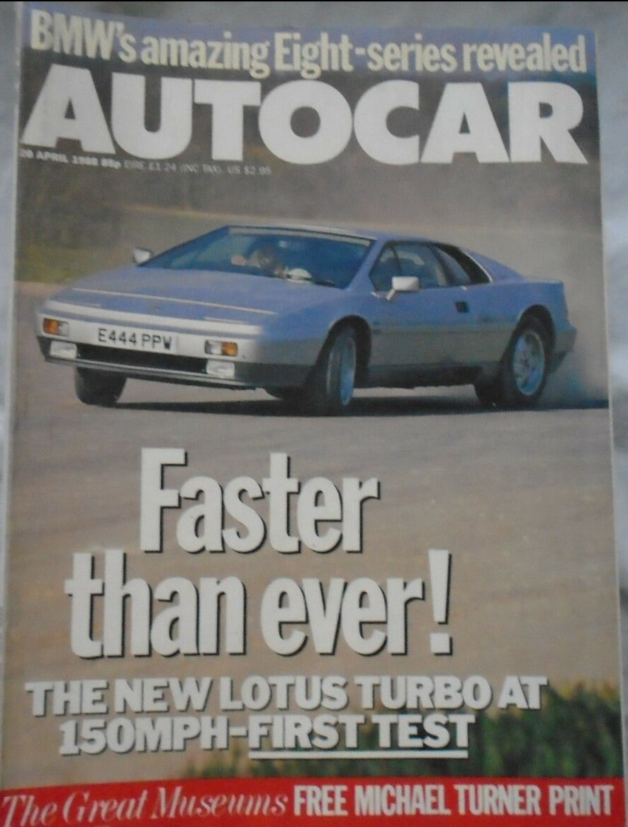 AUTOCAR 20 APRIL 1988, BMW 8 SERIES. IAD HUNTER, LOTUS TURBO, WITH TURNER PRINT.