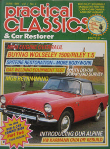 Practical Classics magazine 06/1986 featuring Wolseley, Riley, VW Karmann Ghia