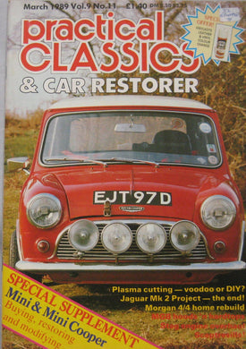 Practical Classics magazine 03/1989 featuring Mini Cooper, Morgan 4/4