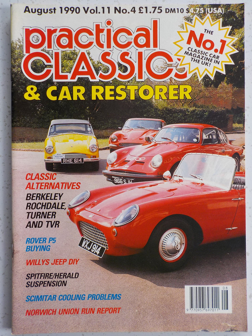 Practical Classics & Car Restorer magazine 08/1990 featuring TVR, Rochdale, Turner, Berkeley, Jeep, Rover
