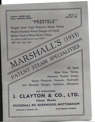 Marshall's (1933) Patent Steam Specialities: Catalogue. [Paperback] J. Clayton & Co LTD