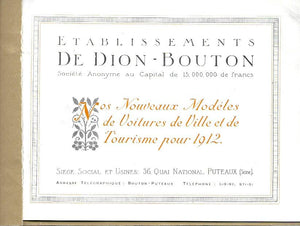 Automobiles De Dion Bouton - 1912 - Paperback - Car Brochure - Historic Car