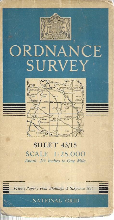 Ordnance Survey - OS - Sheet 43/15 - Scale 1:25000 - 2 1/2 Inches per Mile - 1949 - Derbyshire (Tissington etc) - Map
