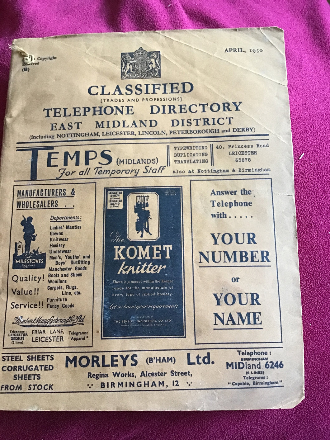 Classified trades and professionals telephone directory East Midlands district 1950