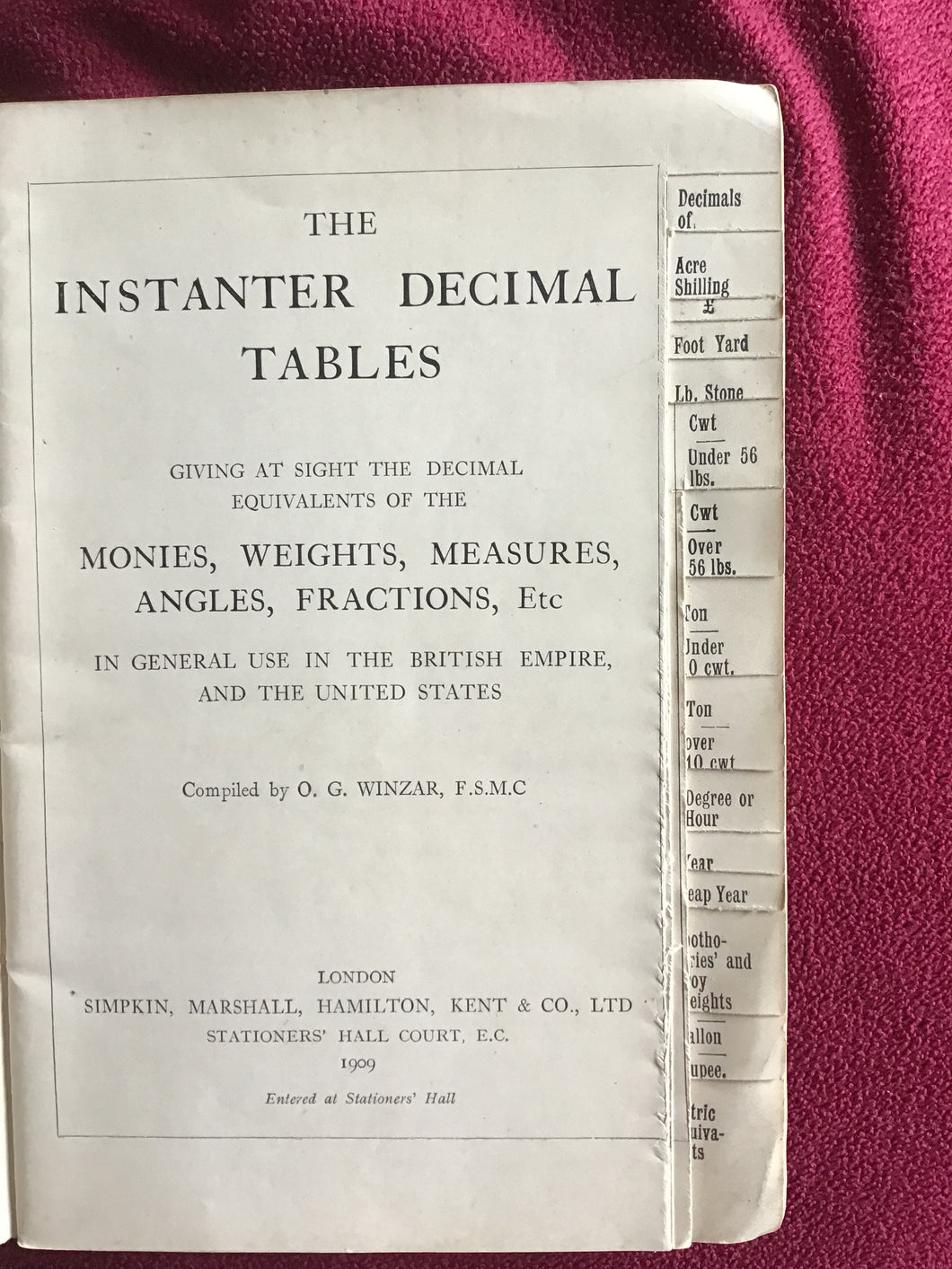 THE INSTANTER DECIMAL TABLES Of Weights, Measures,  Monies, etc. O. G WINZAR -paperback- 1909